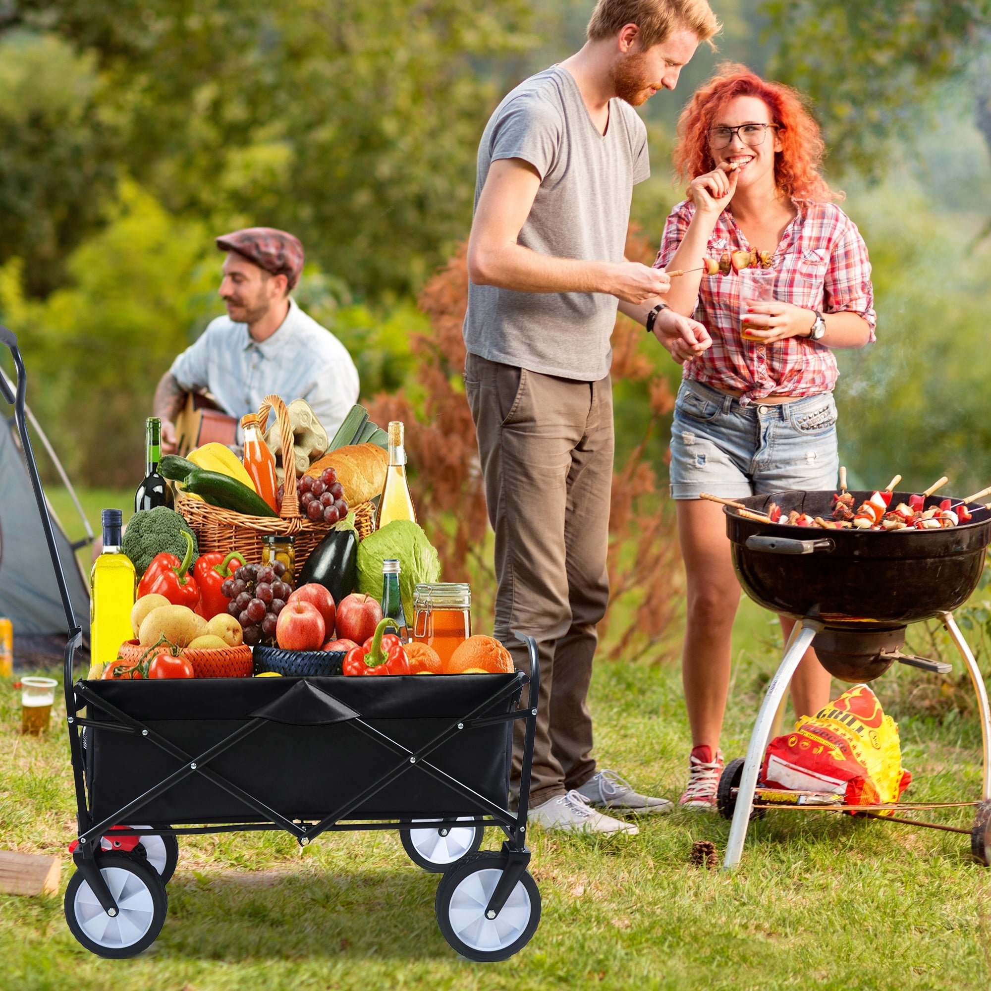Collapsible Shopping Wagon for Outdoor, 40.5'x21'x46.5' Folding Wagons and Carts with Adjustable Handle, Beach Cart with 2 Mesh Cup Holders for Outdoor, Beaches, Gardens, Parks, 150lbs, Black, S10481