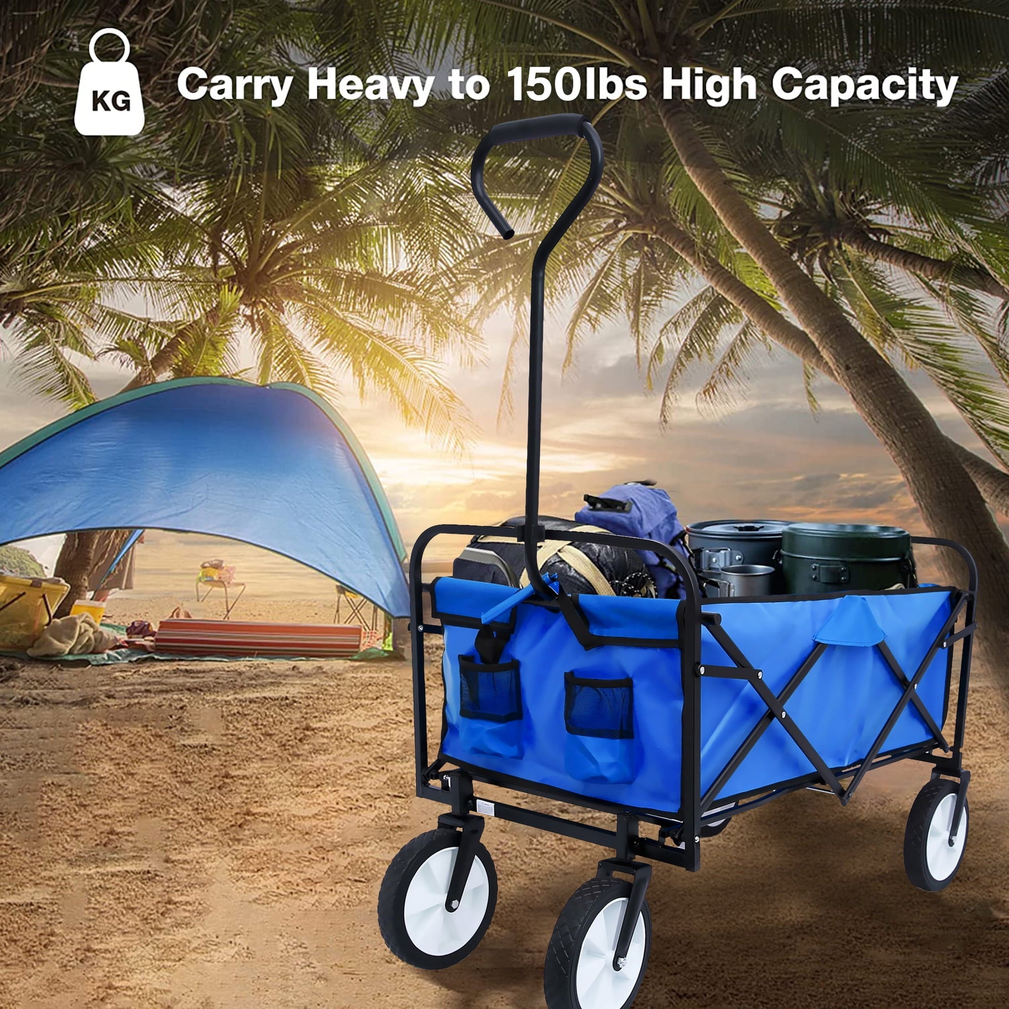 Collapsible Rolling Wagon Utility Cart w/ Wheels, 40.5'x21'x46.5' Folding Utility Canopy Wagon w/Adjustable Handle, 2 Mesh Cup Holders, for Outdoor, Beaches, Gardens, Parks, Shopping, S10483