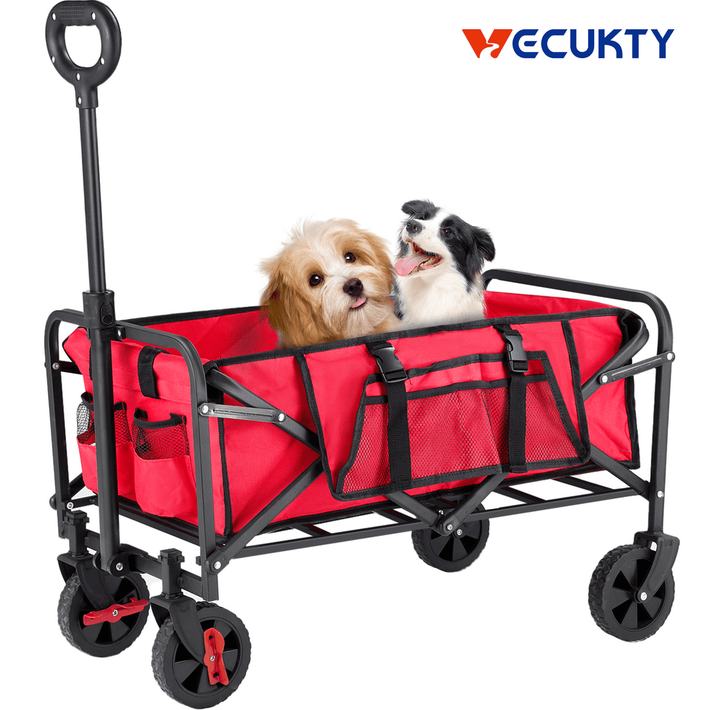 Collapsible Camping Wagon, Vecukty Portable Foldable Wagon with All Terrain Solid Wheels, Folding Utility Grocery Wagon with 150lbs, for Shopping,Sports,Fishing,Beach,Red