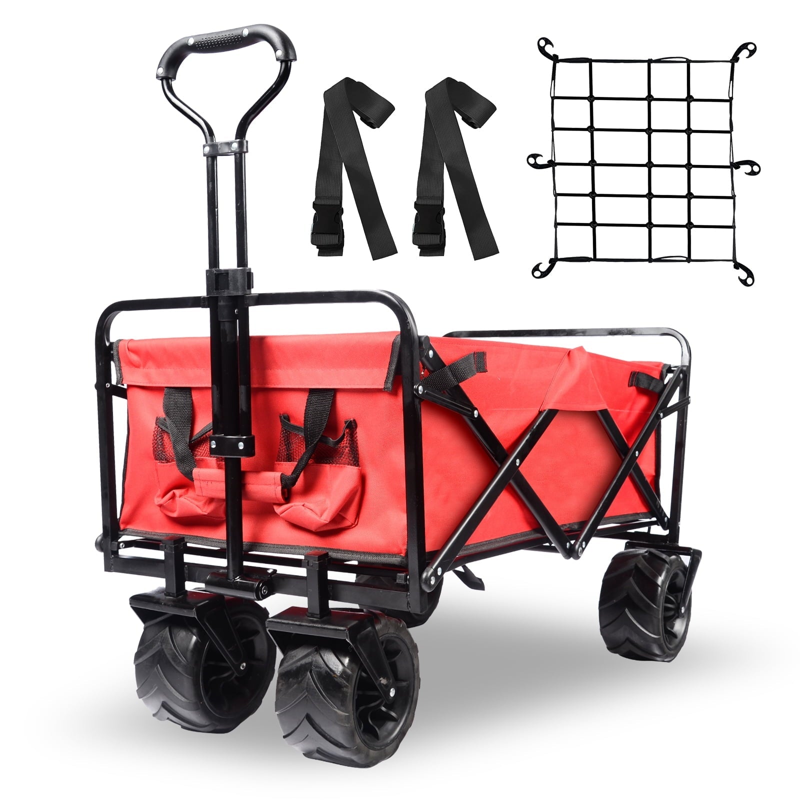 Collapsible Heavy Duty Beach Wagon Cart Outdoor Folding Utility Camping Garden Beach Cart with Universal Wheels Adjustable Handle Shopping (Red)