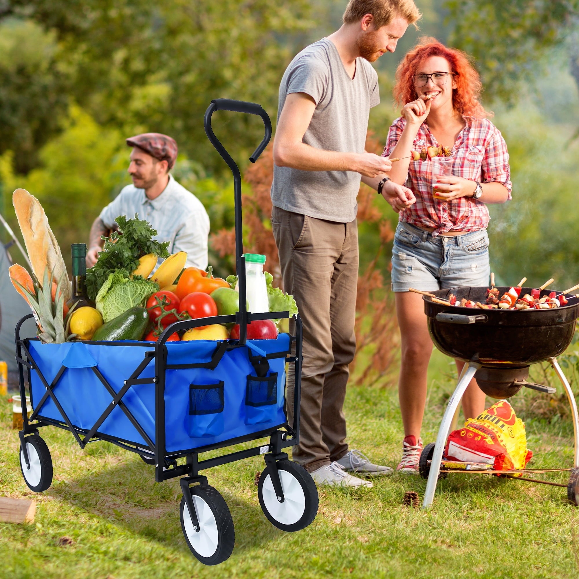 Collapsible Rolling Wagon Utility Cart w/ Wheels, 40.5'x21'x46.5' Folding Utility Canopy Wagon w/Adjustable Handle, 2 Mesh Cup Holders, for Outdoor, Beaches, Gardens, Parks, Shopping, S10483