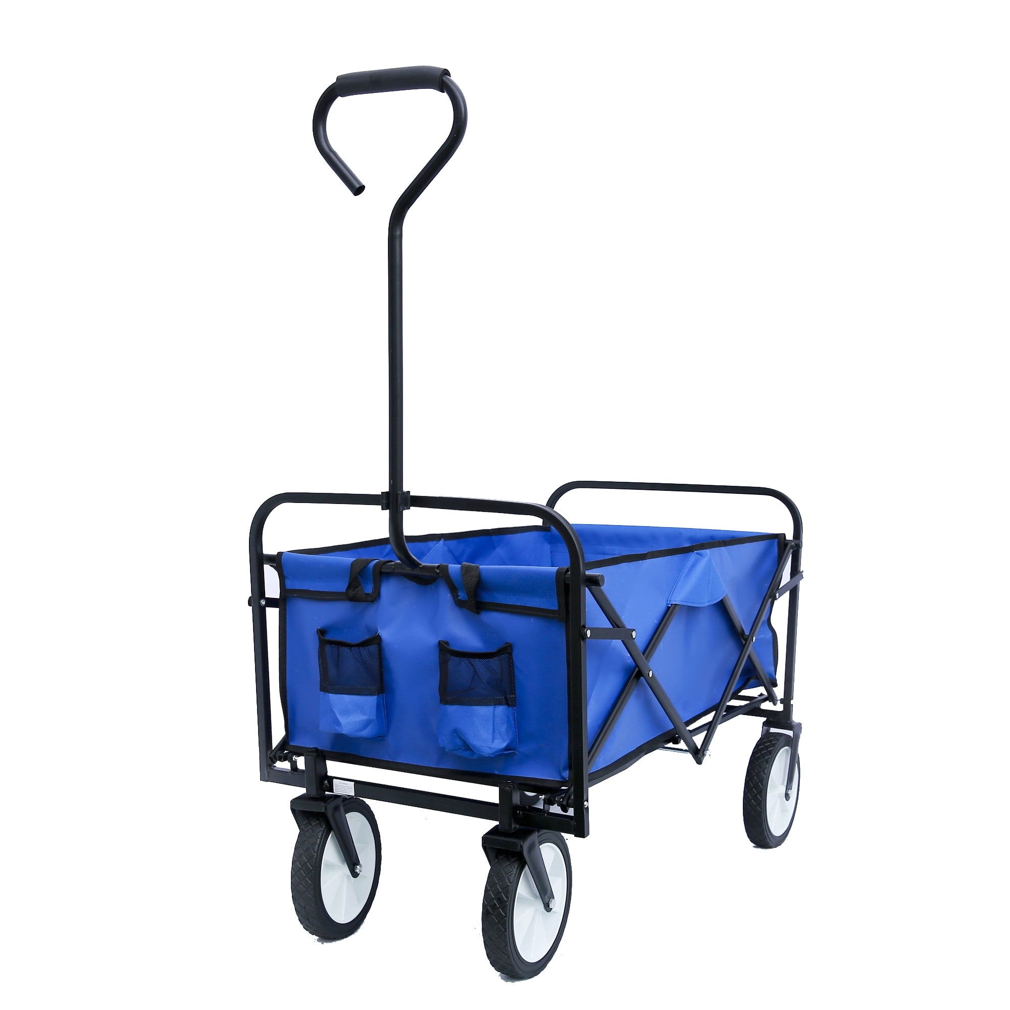 Collapsible Wagon, Heavy Duty Shopping Cart, Durable Garden Wagon, Folding Utility Wagon, Foldable Wagon with 2 Mesh Cup Holders, Adjustable Handle for Garden Shopping Picnic Beach, Blue, Q3828