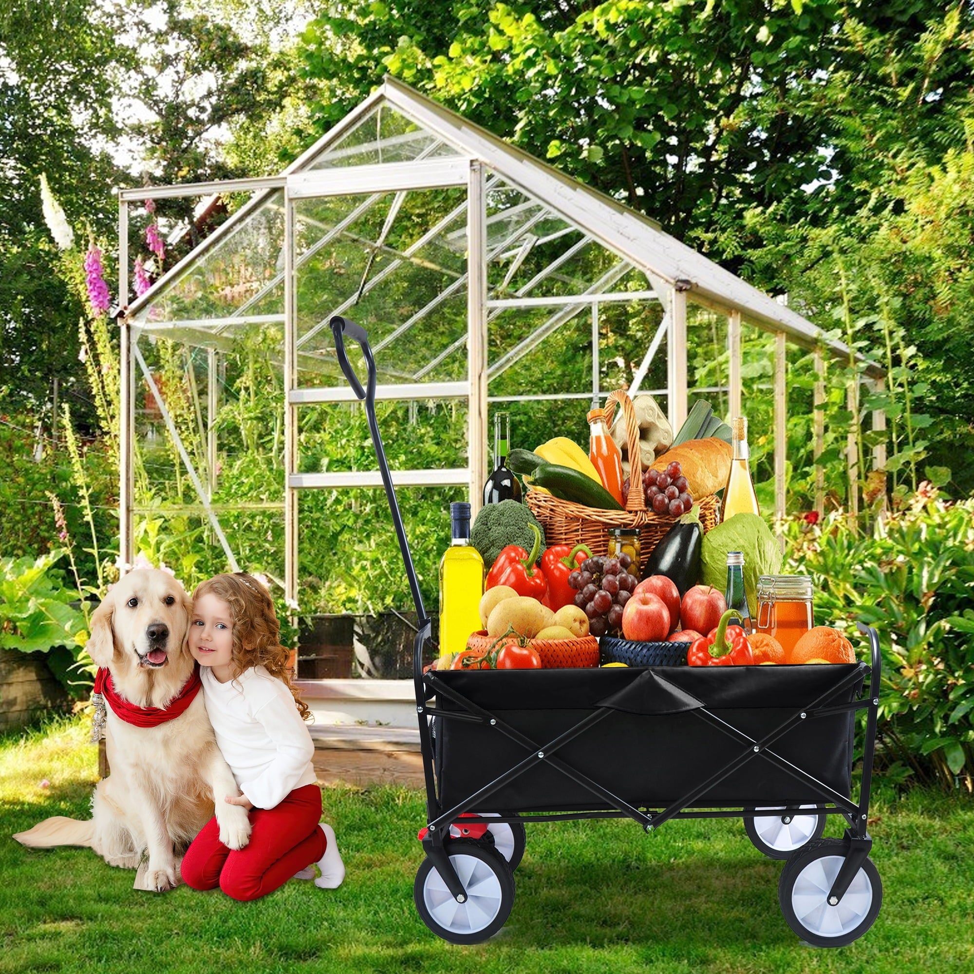 Collapsible Shopping Wagon for Outdoor, 40.5'x21'x46.5' Folding Wagons and Carts with Adjustable Handle, Beach Cart with 2 Mesh Cup Holders for Outdoor, Beaches, Gardens, Parks, 150lbs, Black, S10481